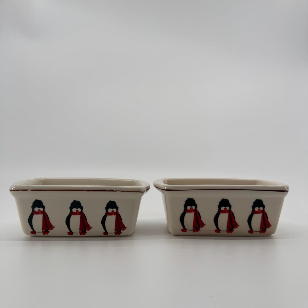 Garden Ridge Penguin Mini Loaf Pans SET of 2 Ceramic Christmas Bakeware Holiday